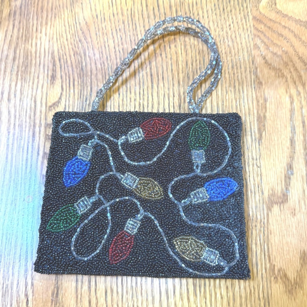 Inge Christopher Vintage Beaded Christmas Lights Mini Evening Bag Black Festive
